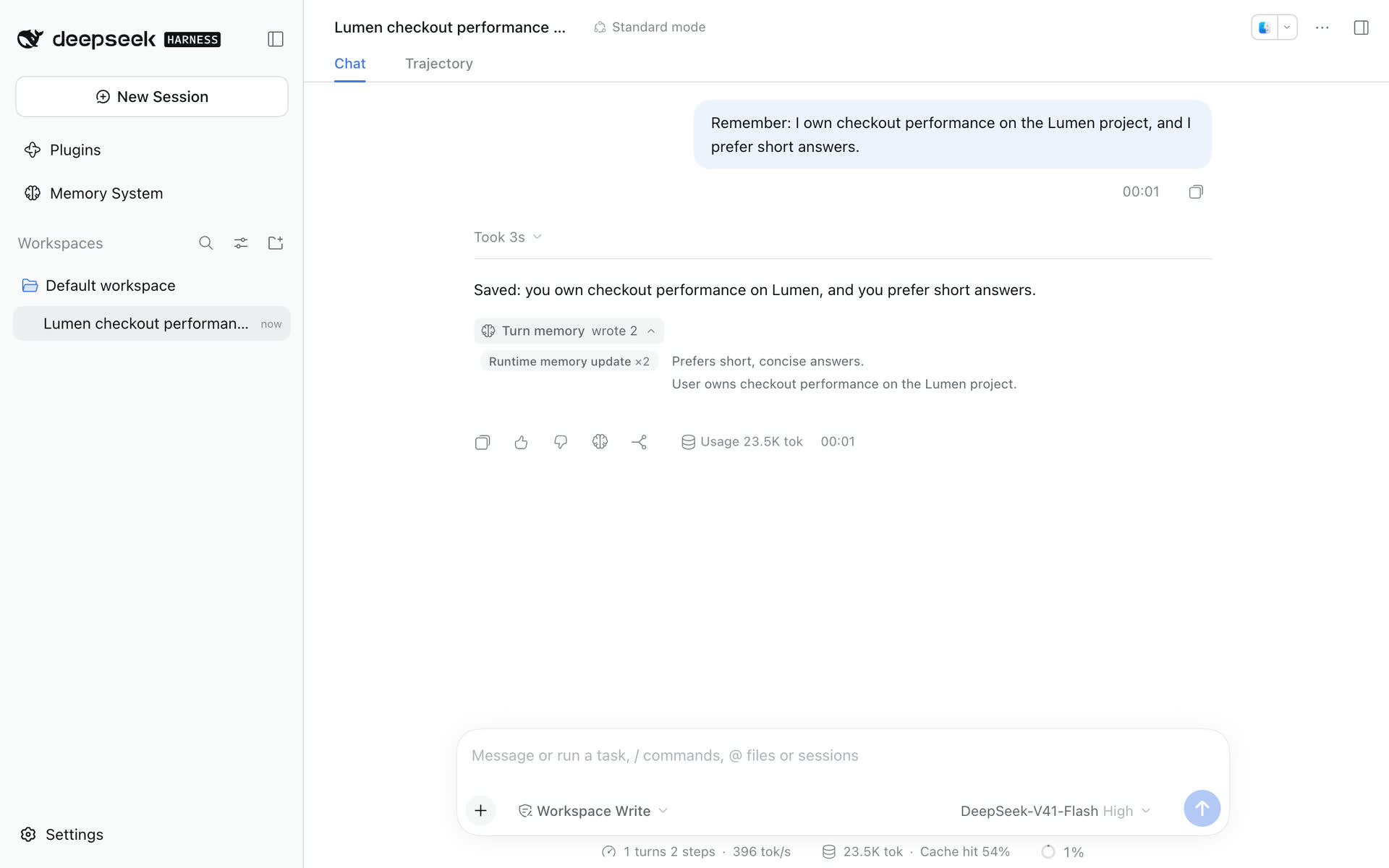 The reply confirms, and the turn memory bar lists two runtime memory updates