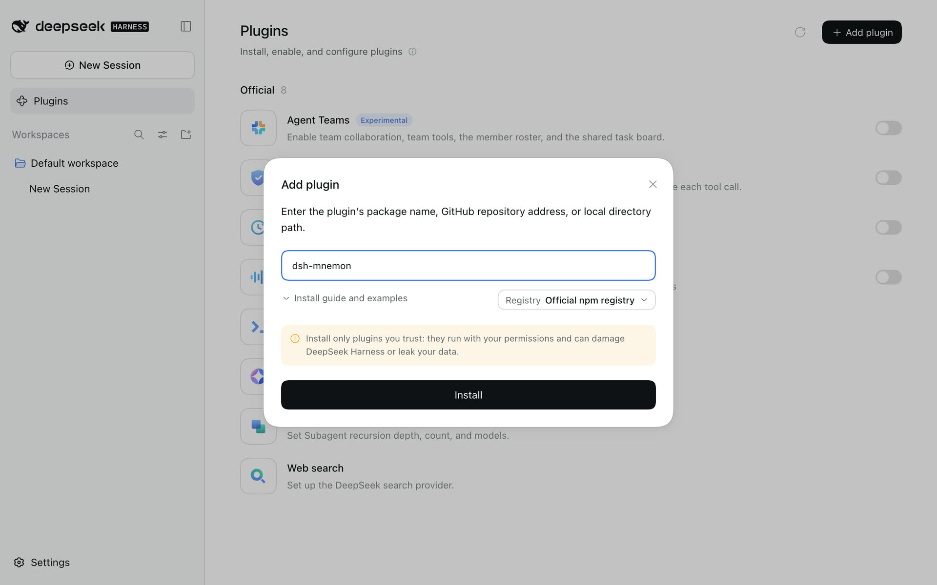 The Add plugin dialog with dsh-mnemon typed and the Official npm registry chosen