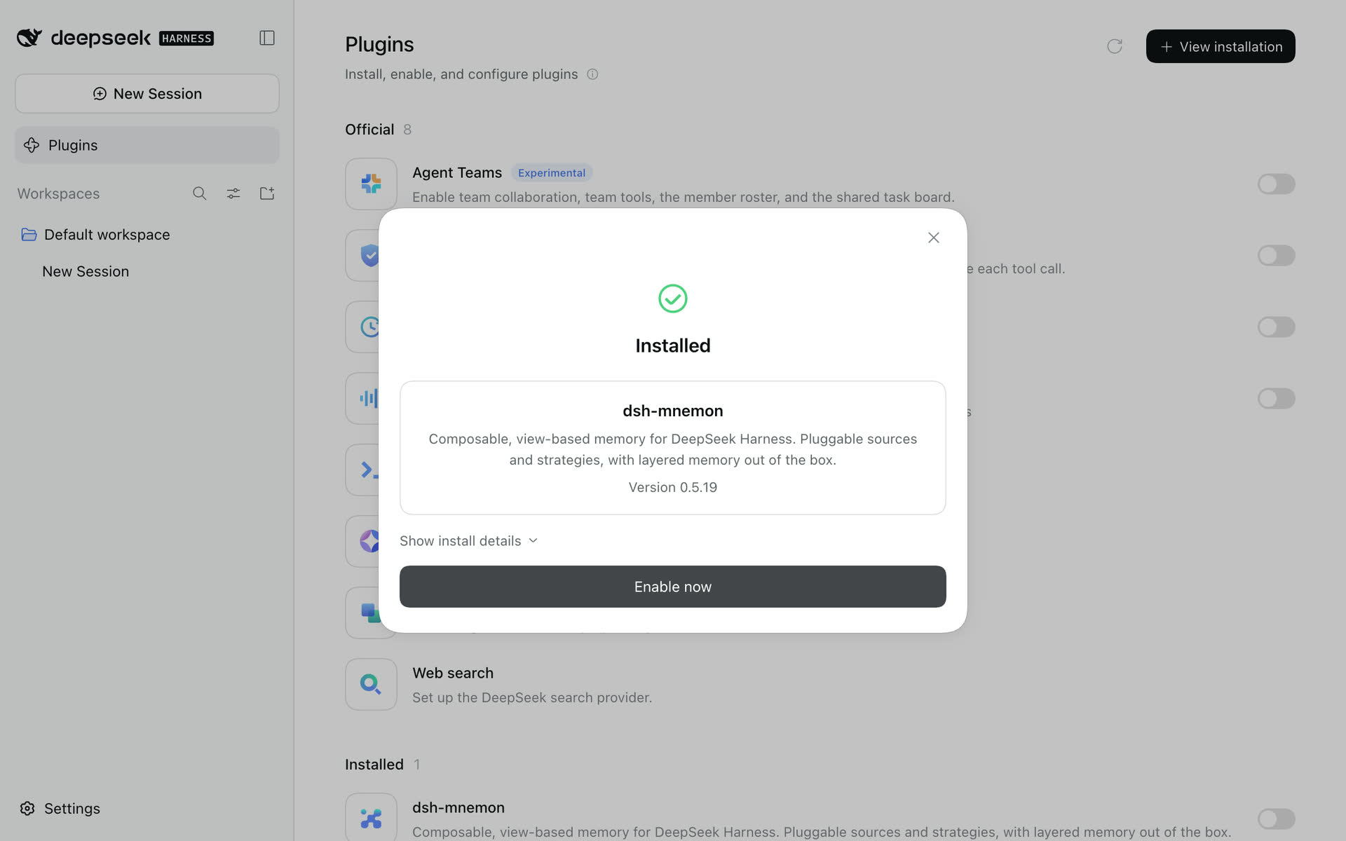 The Installed dialog shows dsh-mnemon version 0.5.19 and Enable now