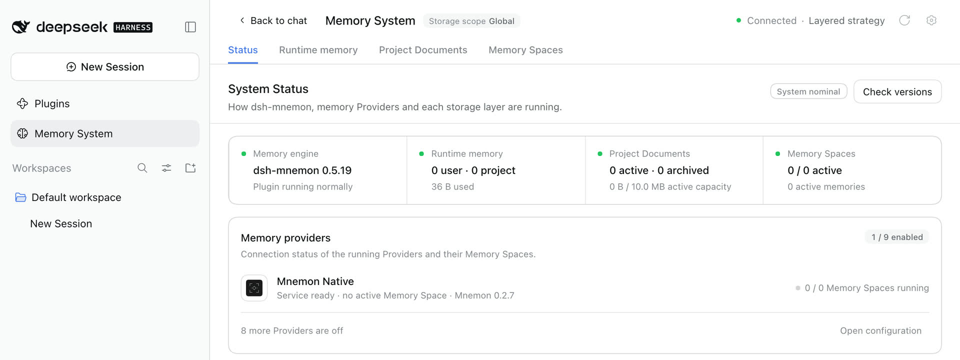 The Memory System's Status page: dsh-mnemon 0.5.19, the three memory layers, and Mnemon Native showing Mnemon 0.2.7