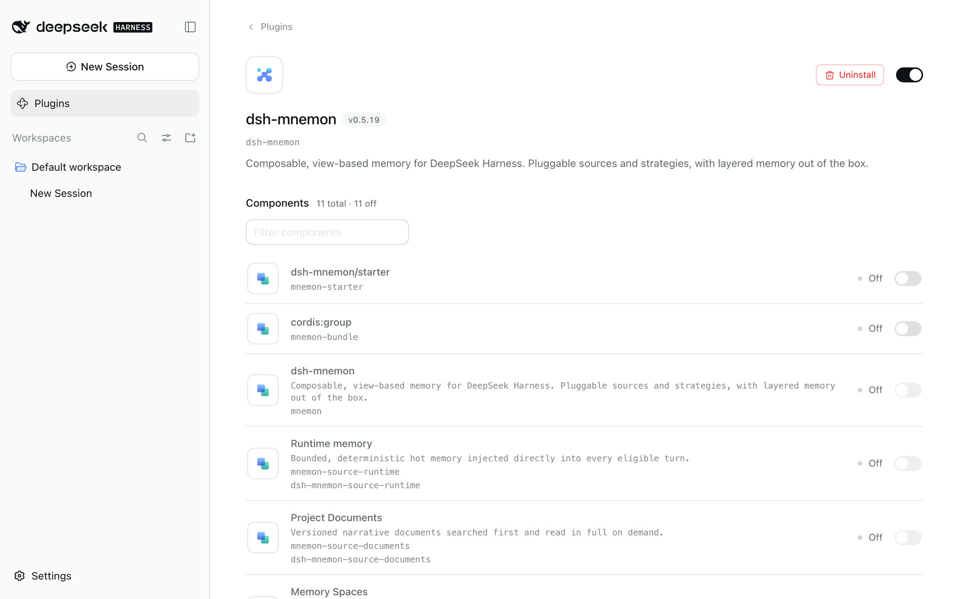 The dsh-mnemon page under Plugins: Components 11 total, 11 off, with dsh-mnemon/starter first and Off; the sidebar has no Memory System