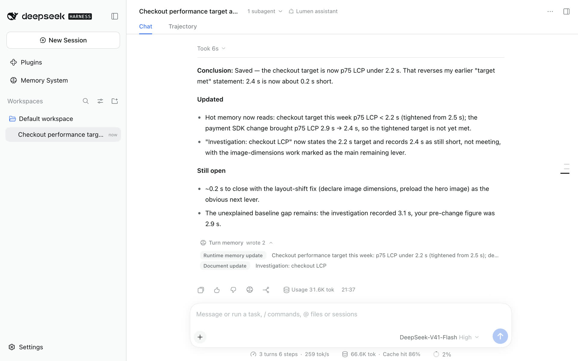 The reply to a new checkout target; the turn memory bar lists a runtime memory update and a document update