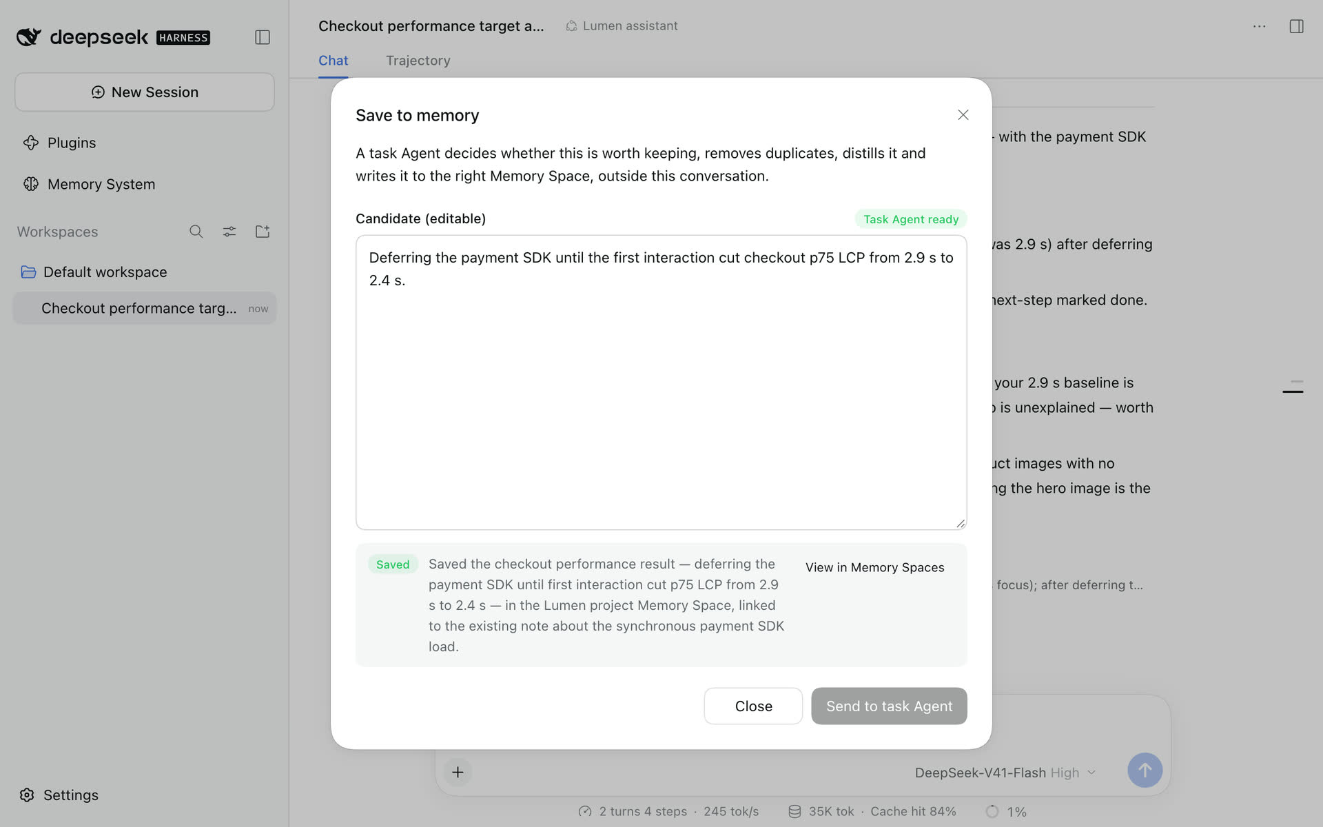 Receipt: saved in the Lumen project Memory Space, with View in Memory Spaces
