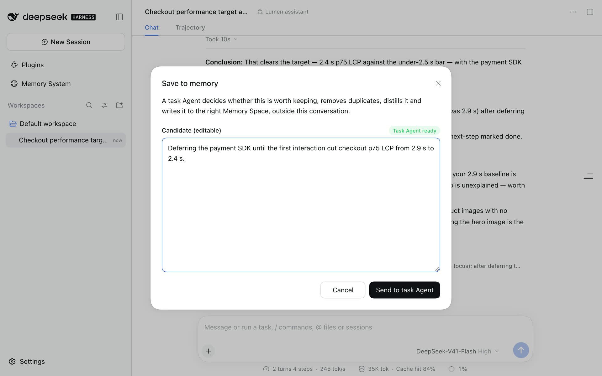 Save to memory with Task Agent ready and the candidate cut down to one fact