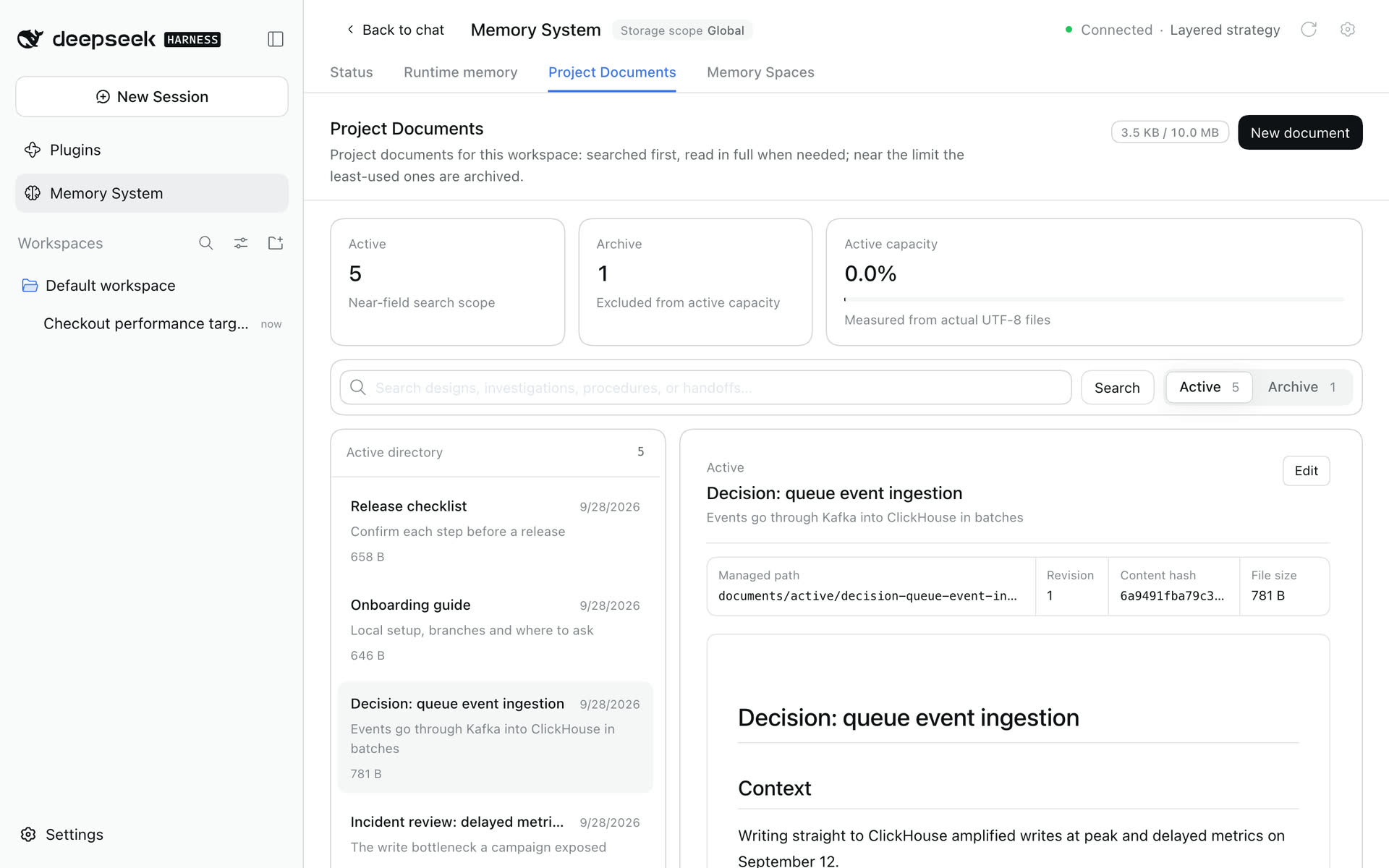 Project Documents opened from a turn, with “Decision: queue event ingestion” selected