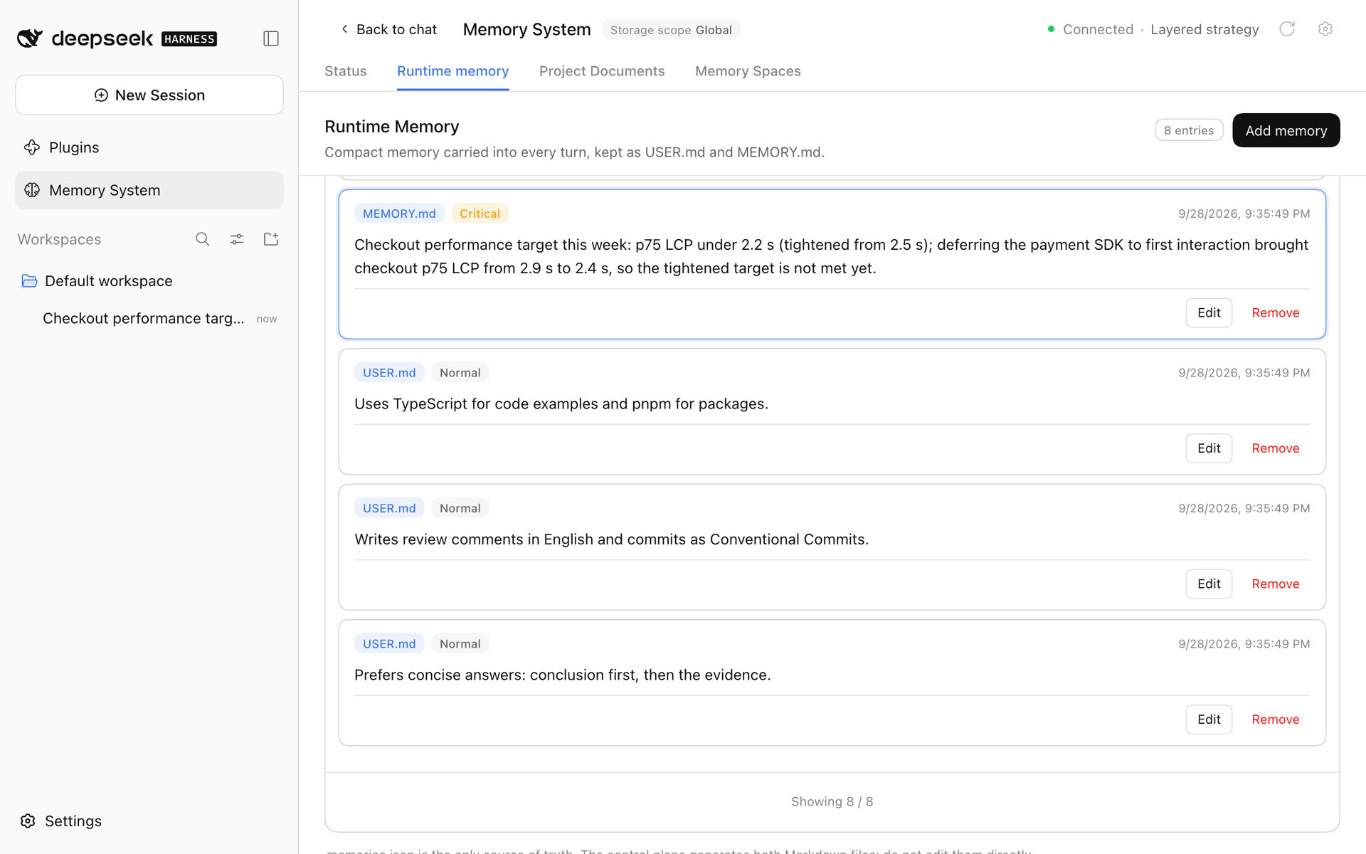 Runtime memory with the replaced checkout target entry highlighted