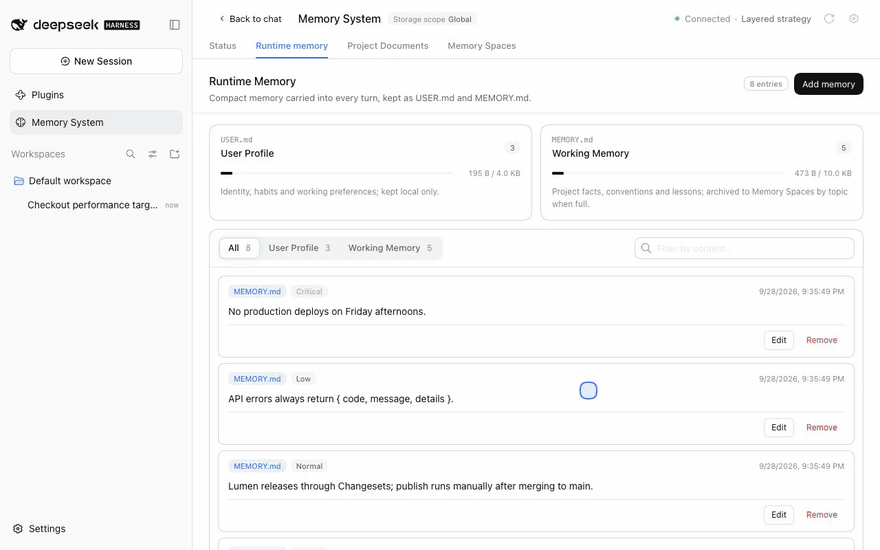 Status, runtime memory, a document, the Memory Spaces overview and graph, then an Agent answer with citations
