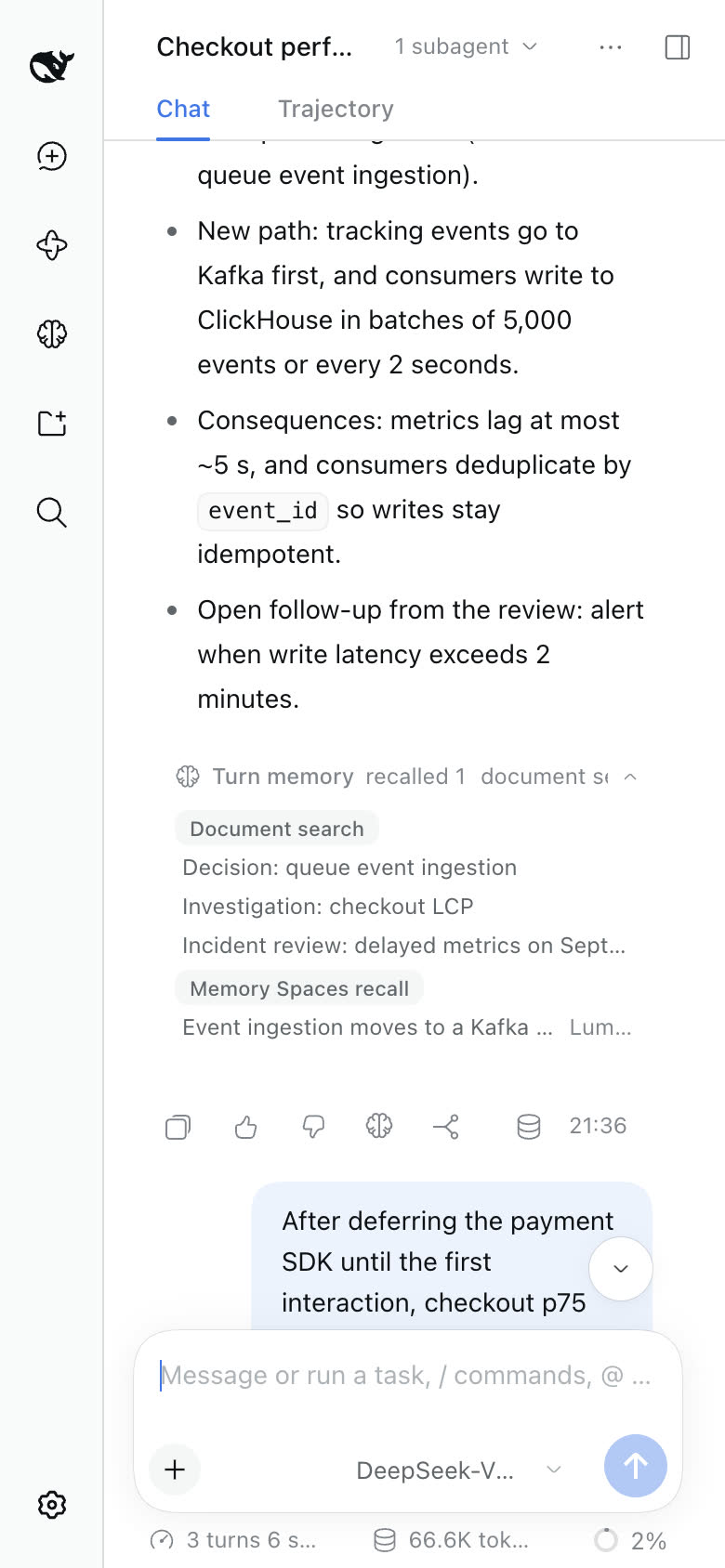 A conversation at 390 px: the turn memory bar's items sit below each tool