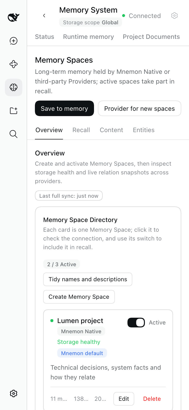 The Memory Spaces page at 390 px