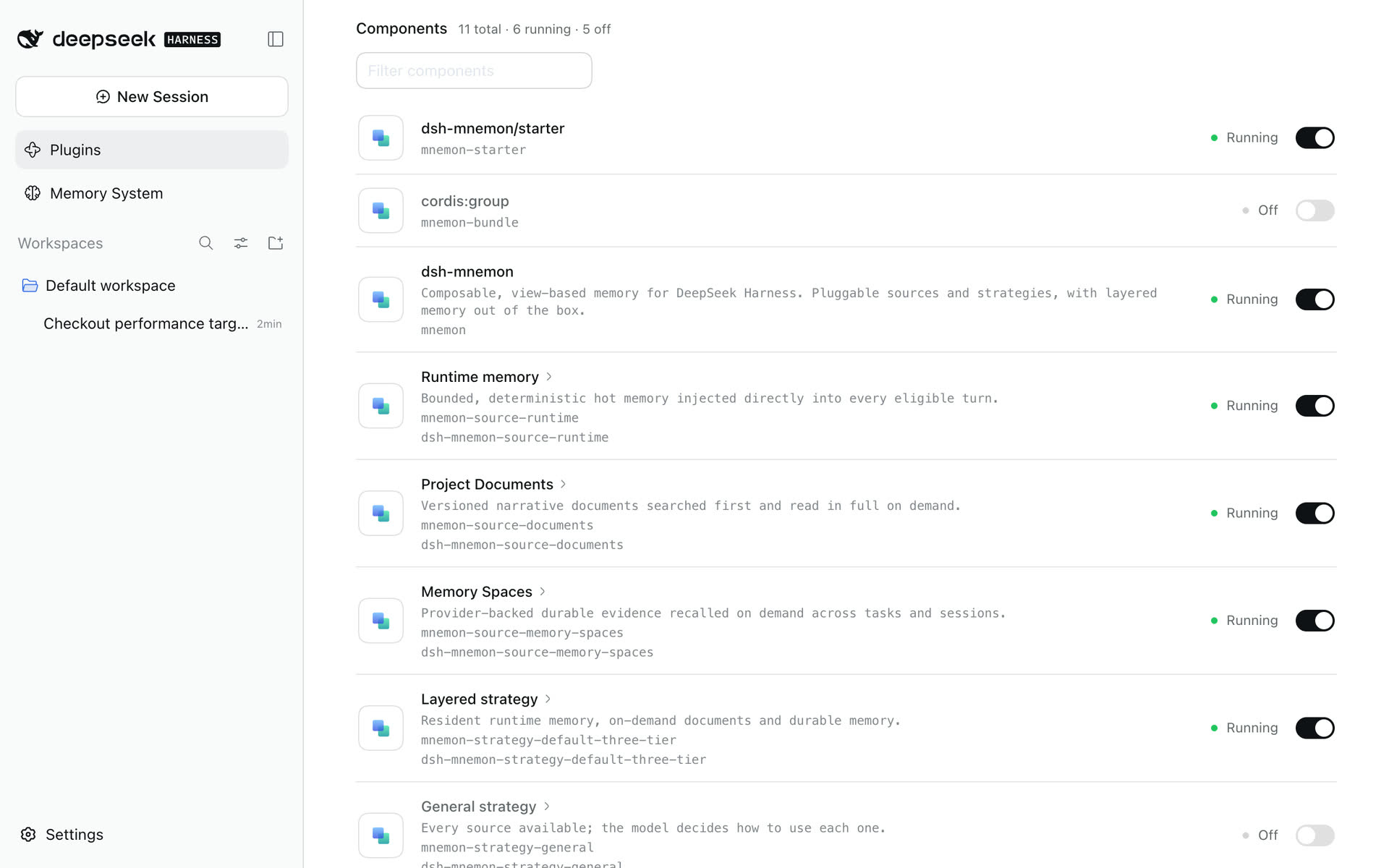 DSH's component list: each component named as it declares itself