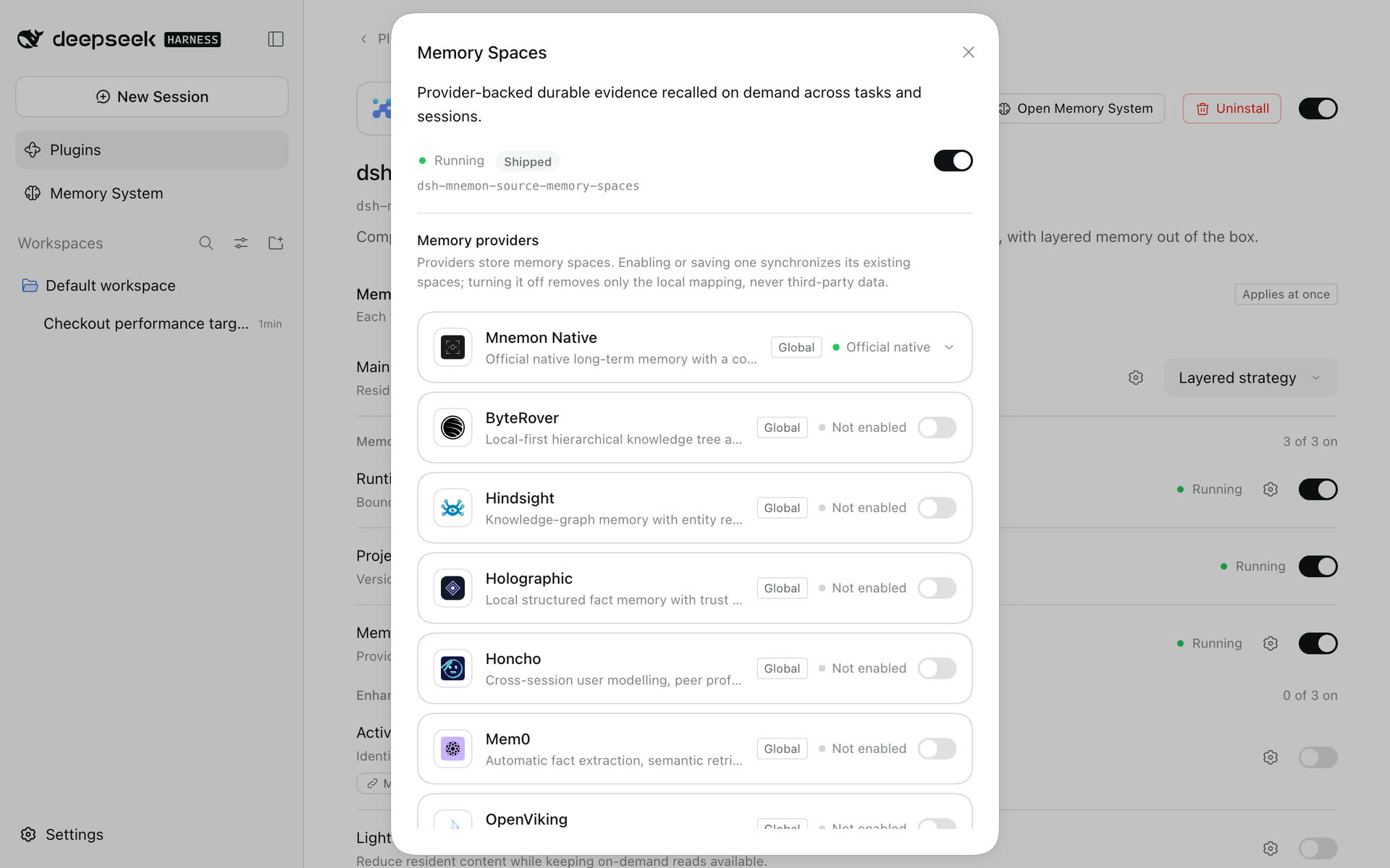 Memory Spaces' page with Mnemon Native and the third-party Providers