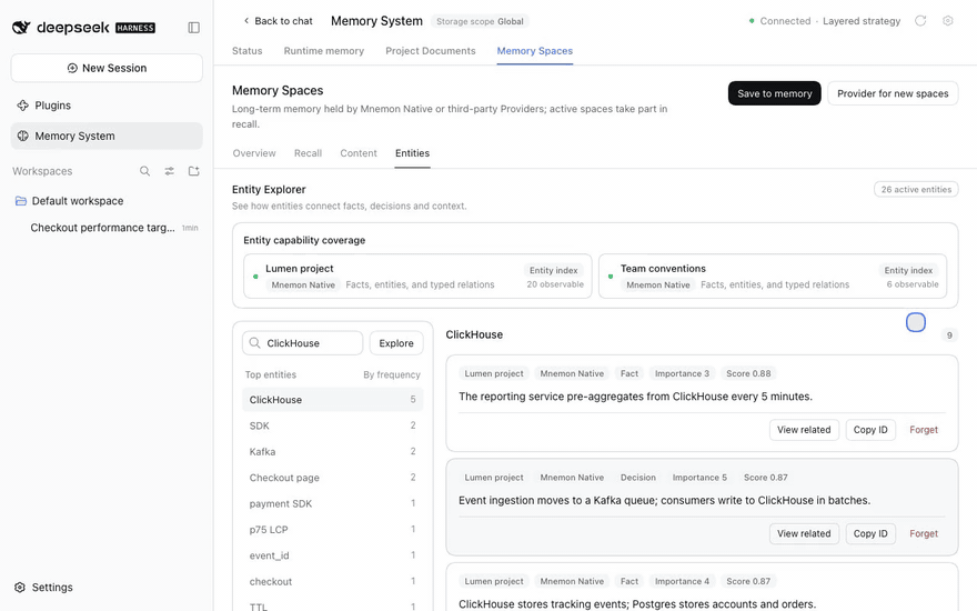 Open dsh-mnemon under Plugins, open the main strategy menu, visit the Layered strategy's and Memory Spaces' pages, then scroll to Storage and Interface