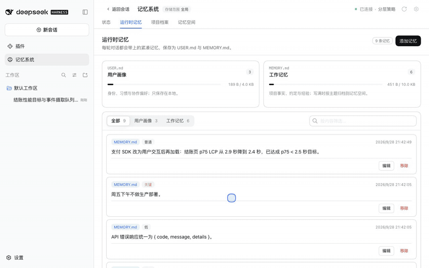 依次查看状态、运行时记忆、项目档案、记忆空间概览与图谱，再用 Agent 查询得到带引用的回答